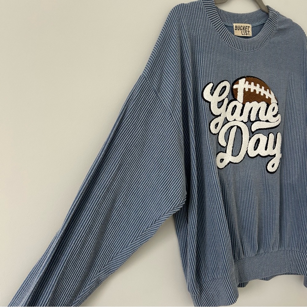 Bucket List Vintage Blue Wash Thermal Game Day Sparkle Football Pullover Sweater - Picture 6 of 9